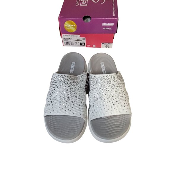 Skechers Womens Go Walk Flex Slide Sandals Size 9 White Rhinestone Comfort - Picture 1 of 8